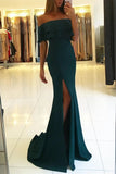 Elegant Off the Shoulder Royal Blue Mermaid Ruffle Sleeve Satin Long Prom Dresses STI15190