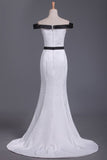 2024 Boat Neck Mermaid Evening Dresses Stretch Satin Sweep PLNS7N43