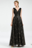 Glitter V-Neck Black Evening Gowns Tulle Long Sexy Formal Dresses