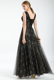 Glitter V-Neck Black Evening Gowns Tulle Long Sexy Formal Dresses