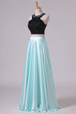 2024 Prom Dresses A-Line Scoop Elastic Satin Two Pieces Black Bodice Backless PAK1CL3T