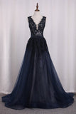 2024 Prom Dresses Mermaid V Neck Tulle With Applique Sweep PZNFTSG3