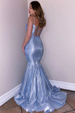 Glitter Spaghetti Straps V Neck Blue Mermaid V Neck Prom Dresses, Party STI20419