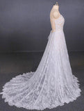 Spaghetti Straps V Neck Lace Off White Wedding Dresses with Criss Cross Bridal Dresses STI15422