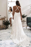 Elegant A Line V Neck Lace Ivory Beach Wedding Dresses with Slit, Bridal Gowns STI15579