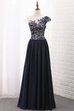 2024 Satin A Line Scoop Cap Sleeve Prom Dresses With PDAS82CC