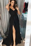 Simple Long A-Line Spaghetti Straps Black Prom Dress with Split