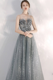 A-line Strapless Starlight Princess Grey Prom Dress Long Evening Dress