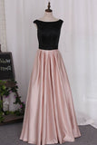 2024 New Prom Dress A Line Boat Neckline Floor-Length Satin With Beaded PLDG2A2C