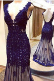 2024 Open Back V Neck With Applique Evening Dresses Tulle PM6MDZ6J