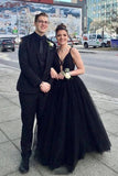 Charming A Line Black Spaghetti Straps Tulle V Neck Prom Dresses, Long Evening Dresses STI15501