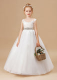 Ivory Sleeveless Tulle Satin Flower Girl Dresses With Champagne Bowknot