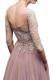 Elegant Lace Floor Length 3/4 Sleeve Tulle Waistband Evening Ball Gowns PPE6LDSP