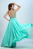 2024 V Neck Prom Dresses A Line Beaded Bodice Sweep Train Chiffon P922HM5L