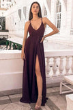 Chic Spaghetti Straps Chiffon V Neck Sleeveless Floor Length Prom Dresses