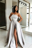 Elegant Strapless Long Silver Satin Simple Prom Dresses PERD37MG