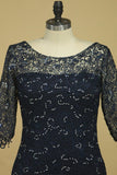 2024 Mother Of The Bride Dresses Scoop 3/4 Length Sleeve Dark Navy Spandex & Lace With P243GPXH