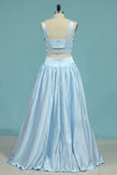 2024 V Neck Two-Piece Prom Dresses A Line Satin With Beads P5Y9LQYL