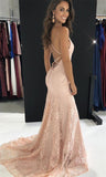 Elegant Straps V Neck Burgundy Lace Mermaid Long Evening Dresses, Prom Dresses STI15206