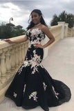 Black Mermaid Prom Dresses Strapless Embroidery Applique Sexy PZ2KHTTQ