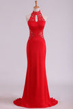 2024 Red High Neck Open Back Prom Dresses With Applique Sweep PA75B5ZT