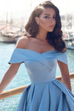 Off The Shoulder Blue Satin Long Modest Prom Dresses PKGBACKD