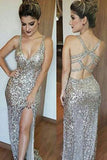 Luxurious Mermaid Long with Side Slit Sexy Backless Sequin V-Neck Sleeveless Prom Dresses