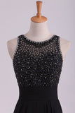 2024 Black Open Back Prom Dresses Scoop A Line Chiffon With PLB57RAJ