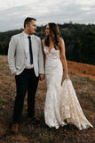 Princess Mermaid V Neck Lace Appliques Ivory Wedding Dresses, Straps V Back Wedding Gowns STI15300