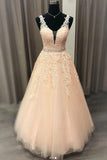 Floor Length V Neck Sleeveless Tulle Prom Dress With Appliques Puffy PLFD5HR8