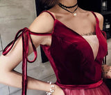 A Line Spaghetti Straps Ombre Long Tulle Prom Dresses, Burgundy V Neck Evening Dress STI15029