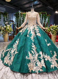 Ball Gown Long Sleeve Satin Beads Prom Dresses, Quinceanera Dresses with Appliques STI15059