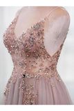 Spaghetti Straps Gorgeous Beading Prom Dress A Line Split Tulle P4SY2133