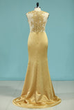 2024 Prom Dresses Scoop Satin With Applique PZYQ3S8Z