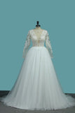 2024 Long Sleeves A Line Scoop Tulle Wedding Dresses With Applique PJHMCMR8