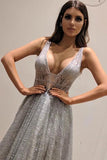 Chic A-Line Silver Backless V Neck Fashion Custom Unique Long Prom Dresses STI15130