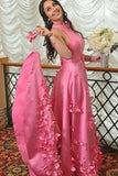 A-line Halter Light Plum Prom Dresses With Handmade Flowers, Open Back Evening Dresses STI15050