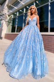 Flowy Ball Gown Light Blue Spaghetti Straps Prom Dresses, Lace Appliques Backless Prom Gowns STI15230