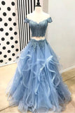 Blue Off the Shoulder Two Pieces Tulle Beads Prom Dresses with Lace Appliques STI15500