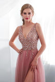 Beading V Neck High Split Tulle Sweep Train Sleeveless Evening Gown P1GPP6HS