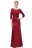 Elegant 3/4 Sleeve Lace Burgundy Formal Dresses Bateau Mermaid Evening Dresses STI15142