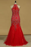 2024 Mermaid Prom Dresses High Neck Beaded Bodice Tulle P4C6HC5R