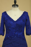 2024 Dark Royal Blue Mother Of The Bride Dresses Chiffon V Neck With 3/4 Length PQHFKK4A