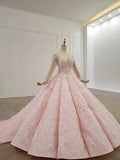 Elegant Ball Gown Pink Long Sleeves Appliques Prom Dresses, Quinceanera STI20482