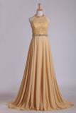 2024 A Line High Neck Prom Dresses Chiffon & Lace With Beads Sweep P2G7LKRN