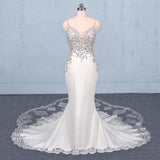 Spaghetti Straps Mermaid Wedding Dress with Lace, V-neck Wedding Dresses STI15418