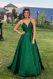 Simple V Neck Satin Prom Dress A Line Spaghetti Straps Long PK16RAXR