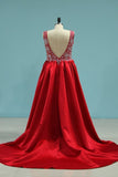 2024 Satin V Neck Beaded Bodice Prom Dresses P21KQE6G