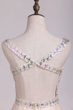 2024 Beaded Bodice V Neck Backless A Line/Princess Prom Dress With Tulle PMGCTYX5