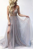 A Line Tulle V Neck Applqiues Prom Dresses With Slit, Spaghetti Straps Long Formal Dresses STI15037